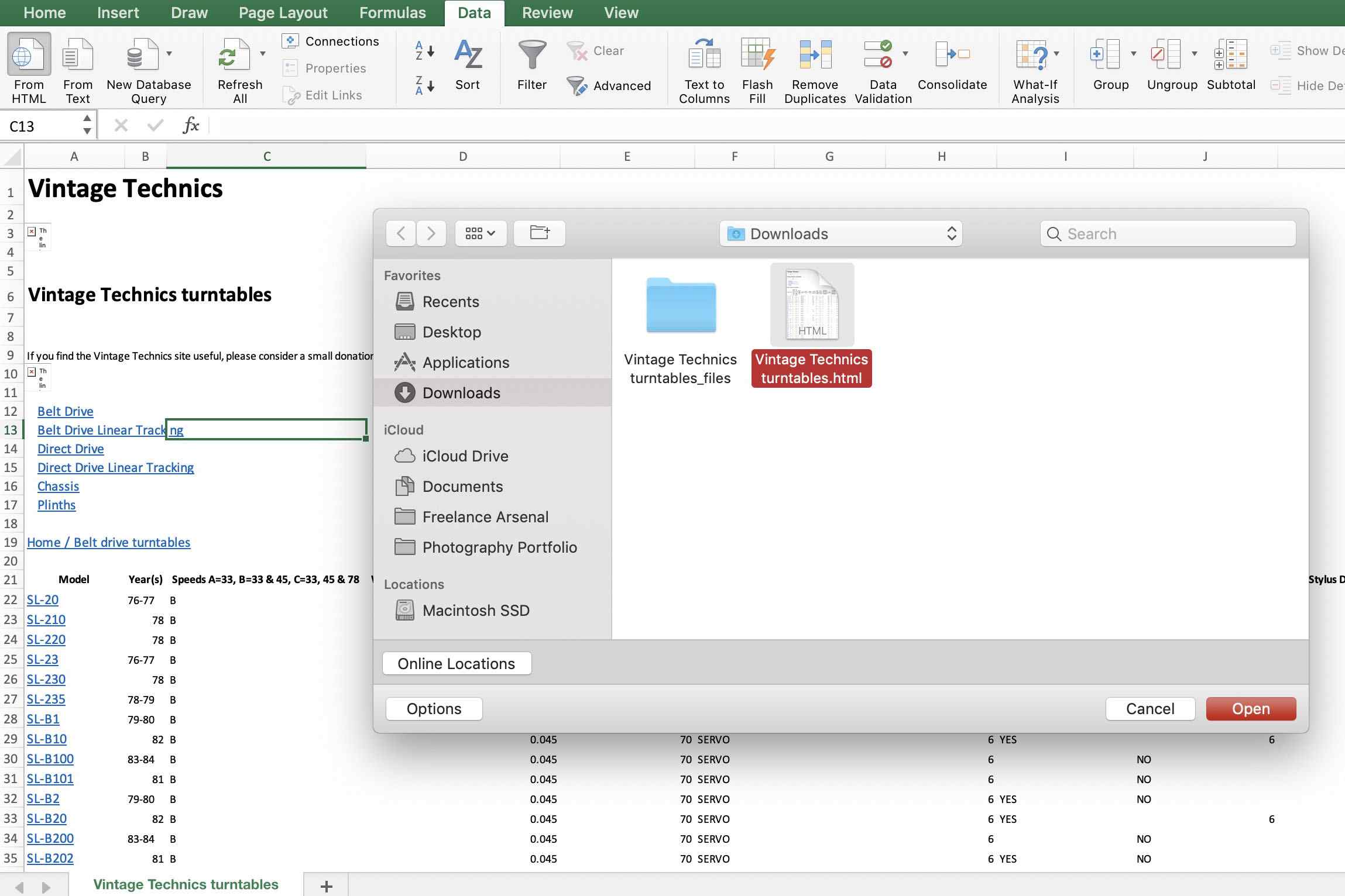 Importing only tables instead of whole page excel for mac